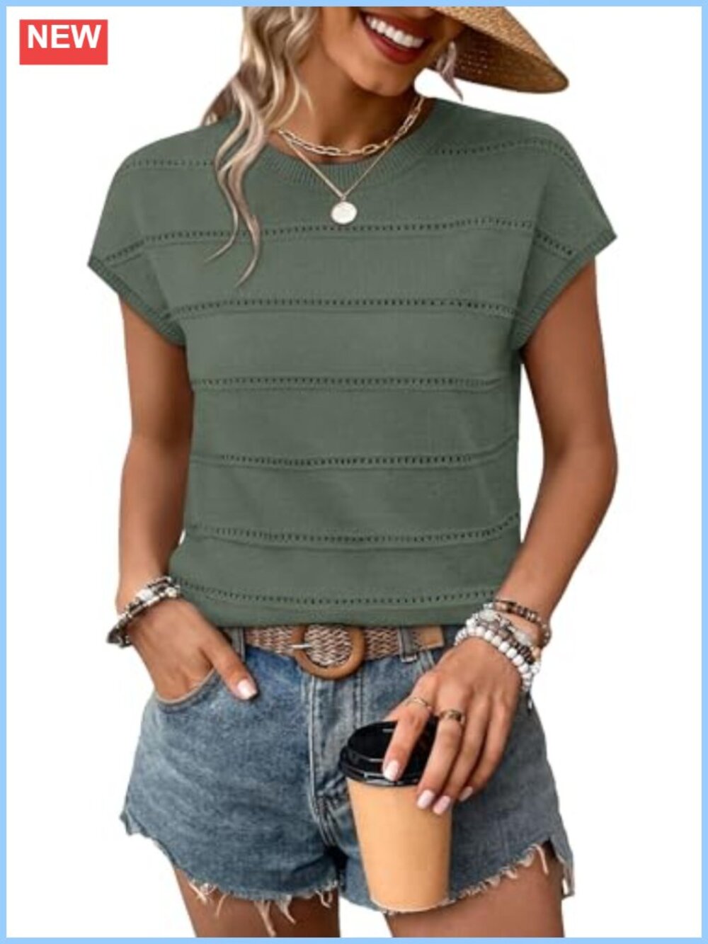 Lightweight Knit Sweater Cap Sleeve Hollow Out Scoop Neck Women's Fashion Top